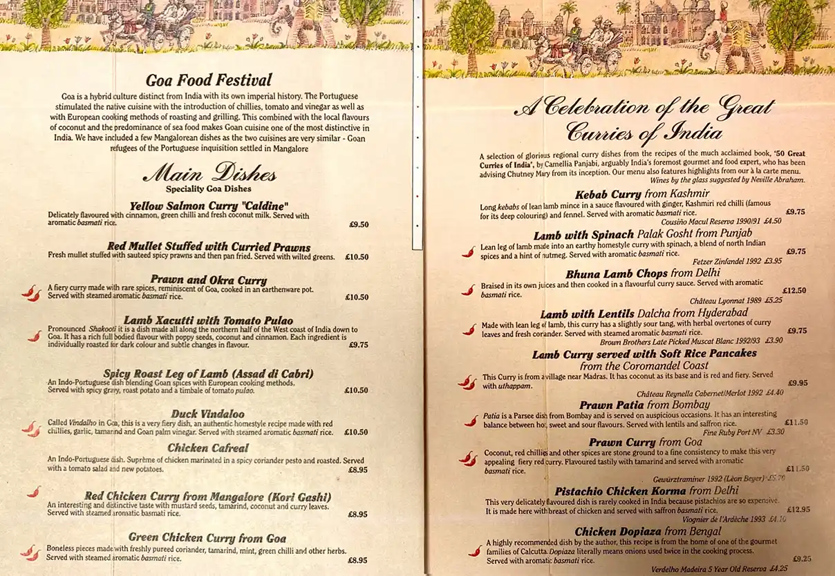Chutney Mary History - Menu celebrating Goan coastal cuisine in 1991-1992