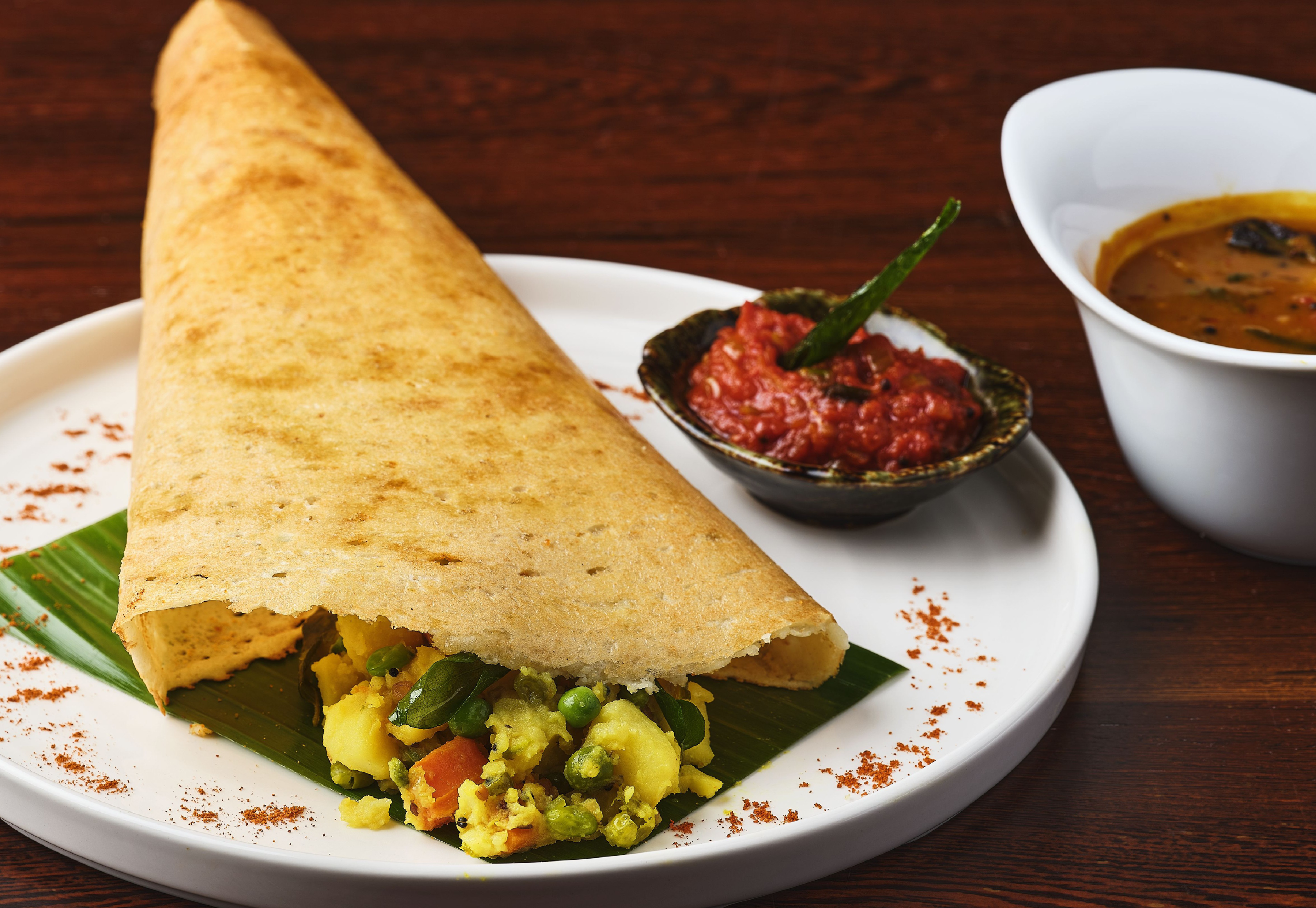 Chutney Mary Masala Dosa with sambhar, chutney 